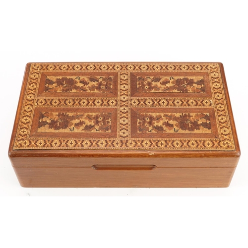 389 - Tunbridge Ware jewellery box with fitted lift out tray and hinged lid with micro mosaic floral inlay... 