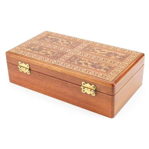 389 - Tunbridge Ware jewellery box with fitted lift out tray and hinged lid with micro mosaic floral inlay... 