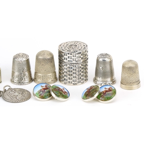 648 - Silver objects and jewellery including thimbles, St Christopher keyring, horseracing interest cuffli... 