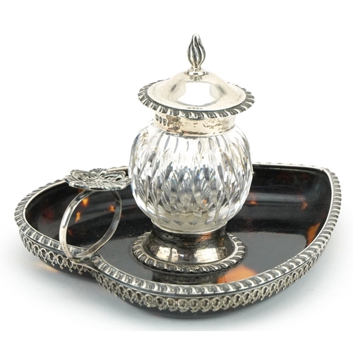 5 - William Comyns & Sons, Victorian silver mounted tortoiseshell and cut glass love heart inkwell, Lond... 
