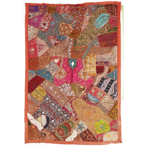 307 - Pair of Indian wall hanging textiles embellished with sequins and beads, each 145cm x 105cm