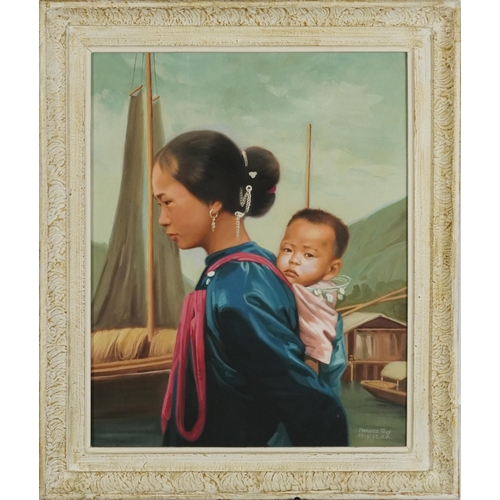 142 - Francis Tsoy '63 - Mother and child before boats, 1960s Hong Kong oil on canvas, mounted and framed,... 