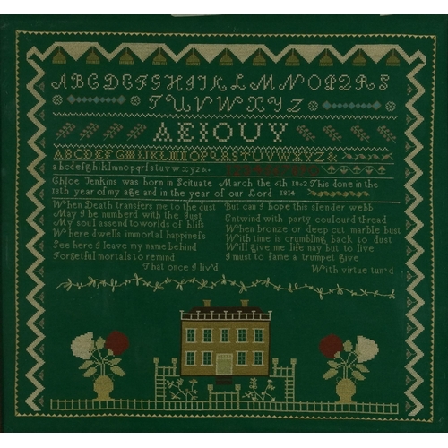 82 - American needlework sampler worked by Chloe Jenkins, Scituate, dated 1814, aged 13, embroidered with... 