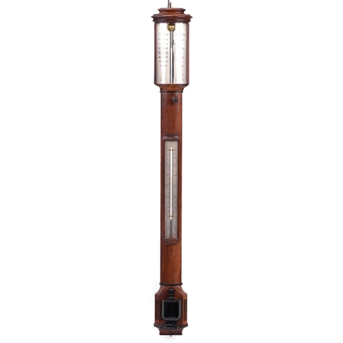 2700 - J Blatt of Brighton mahogany and ebonised stick barometer with thermometer having silvered dials