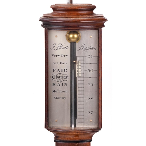 2700 - J Blatt of Brighton mahogany and ebonised stick barometer with thermometer having silvered dials