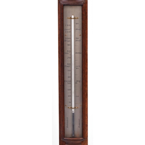 2700 - J Blatt of Brighton mahogany and ebonised stick barometer with thermometer having silvered dials