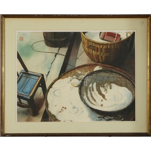 168 - Maris Shepherd - Oriental still life, watercolour with Chinese red seal mark, mounted, framed and gl... 