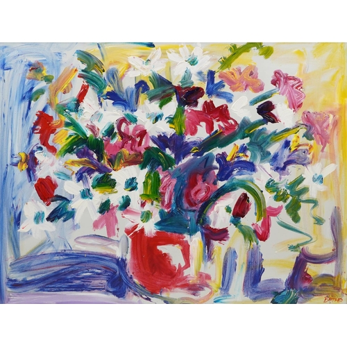 143 - Gerhard Batha - Bouquet in a red vase, acrylic on canvas, label verso, mounted and framed, 121cm x 9... 