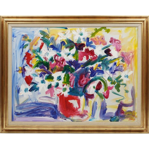 143 - Gerhard Batha - Bouquet in a red vase, acrylic on canvas, label verso, mounted and framed, 121cm x 9... 