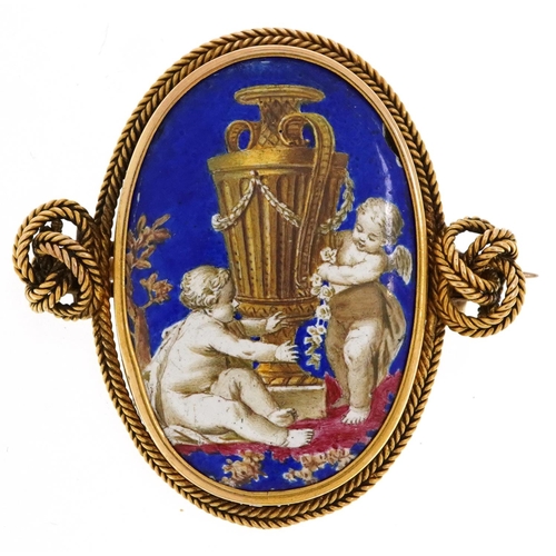 2007 - Victorian unmarked gold brooch, possibly mourning, with enamel panel hand painted with two cherubs b... 