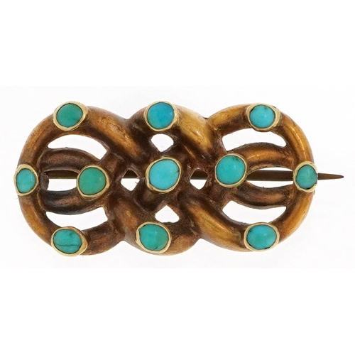 2286 - Victorian unmarked gold cabochon turquoise knot design brooch, tests as 9ct gold, 2.9cm wide, 3.2g