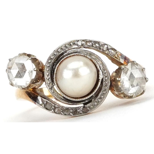 2008 - Unmarked gold cultured pearl and diamond three stone ring with diamond crossover shoulders, tests as... 