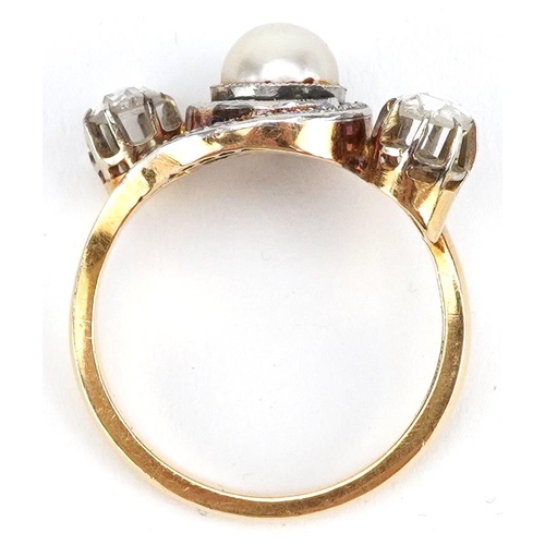 2008 - Unmarked gold cultured pearl and diamond three stone ring with diamond crossover shoulders, tests as... 