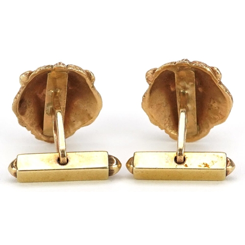 2023 - Pair of unmarked gold lion head cufflinks, test as 9ct gold, 1.9cm high, 18.0g