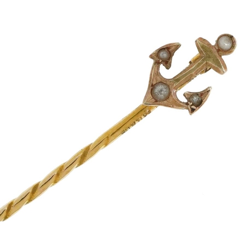 2247 - Victorian 9ct gold seed pearl anchor stickpin, 5.5cm in length, 0.7g