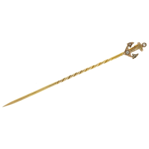 2247 - Victorian 9ct gold seed pearl anchor stickpin, 5.5cm in length, 0.7g