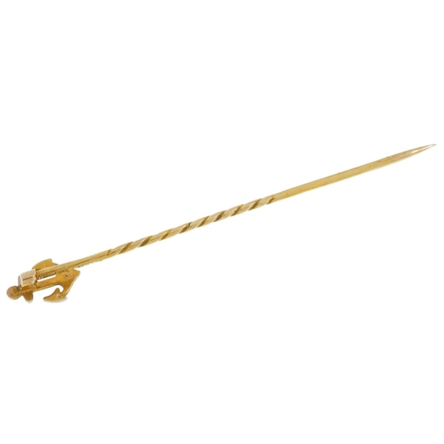 2247 - Victorian 9ct gold seed pearl anchor stickpin, 5.5cm in length, 0.7g