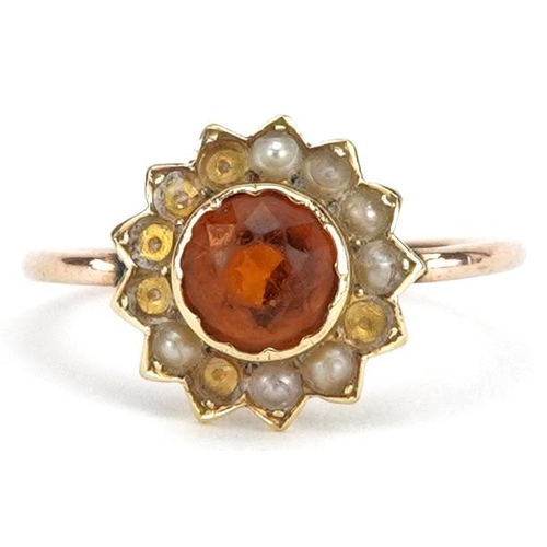 2267 - Unmarked gold citrine and pearl cluster ring, tests as 9ct gold, size J, 1.9g