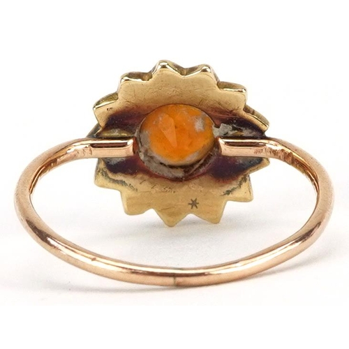 2267 - Unmarked gold citrine and pearl cluster ring, tests as 9ct gold, size J, 1.9g