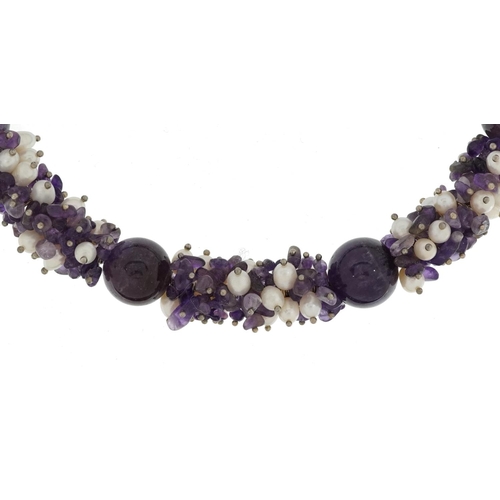 2259 - Amethyst and freshwater pearl cluster bead necklace with silver clasp, 49cm in length