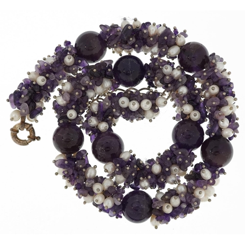 2259 - Amethyst and freshwater pearl cluster bead necklace with silver clasp, 49cm in length