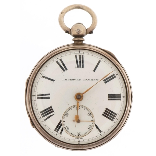 2278 - Improved Patent, Victorian gentlemen's silver open face pocket watch with enamelled dial, the case n... 