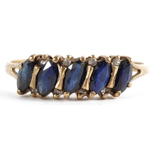 2285 - 9ct gold sapphire and diamond ring with split shoulders, size P, 1.5g