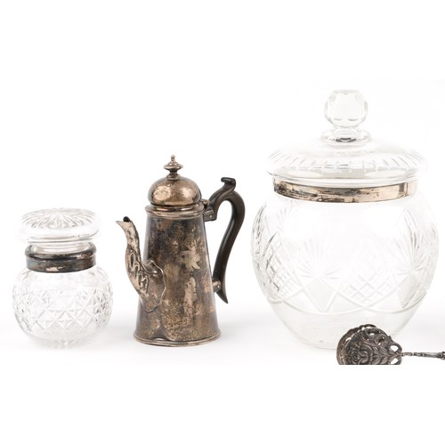 574 - Silver and white metal objects comprising Edwardian silver chocolate pot, three cut glass jars and s... 