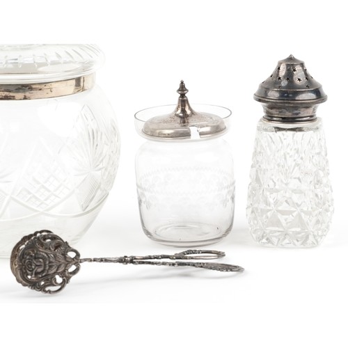 574 - Silver and white metal objects comprising Edwardian silver chocolate pot, three cut glass jars and s... 