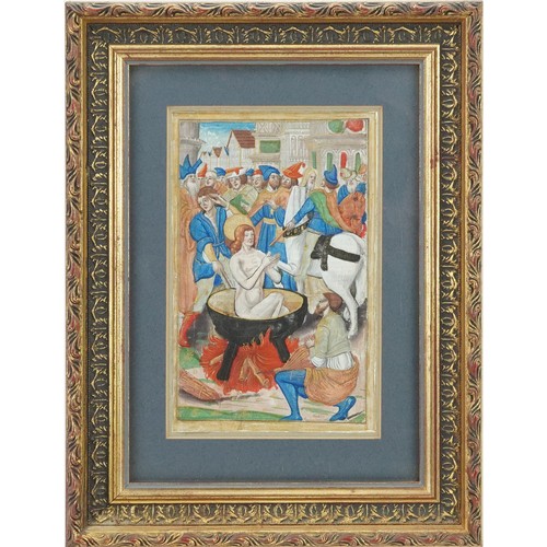 78 - Antique illuminated Latin manuscript leaf from Book of Hours, possibly 16th century, mounted, framed... 