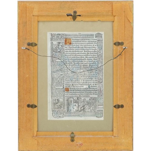 78 - Antique illuminated Latin manuscript leaf from Book of Hours, possibly 16th century, mounted, framed... 