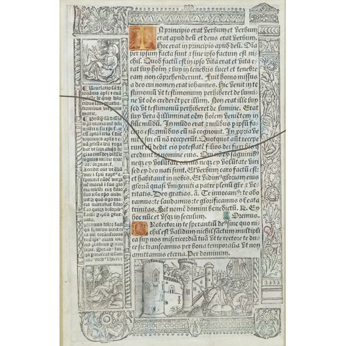 78 - Antique illuminated Latin manuscript leaf from Book of Hours, possibly 16th century, mounted, framed... 