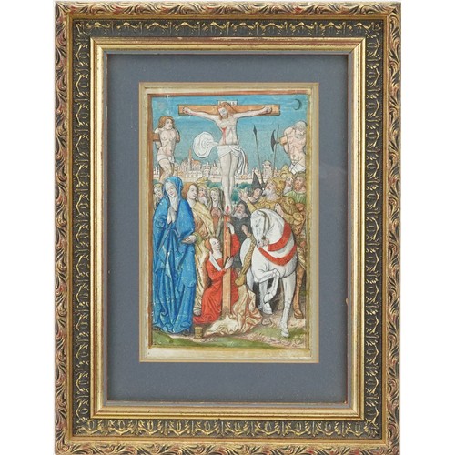 79 - Antique illuminated Latin manuscript leaf from Book of Hours, possibly 16th century, mounted, framed... 