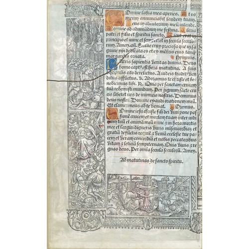 79 - Antique illuminated Latin manuscript leaf from Book of Hours, possibly 16th century, mounted, framed... 