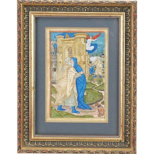 80 - Antique illuminated Latin manuscript leaf from Book of Hours, possibly 16th century, mounted, framed... 