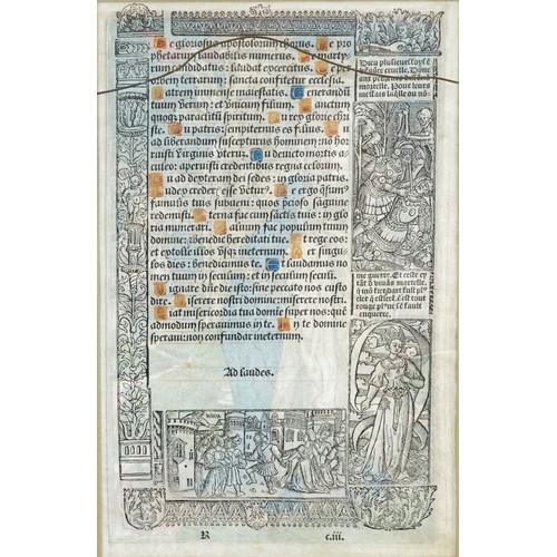 80 - Antique illuminated Latin manuscript leaf from Book of Hours, possibly 16th century, mounted, framed... 