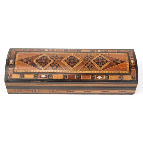 755 - Moorish style dome topped casket with floral inlay, 5cm H x 23cm W x 7.5cm D