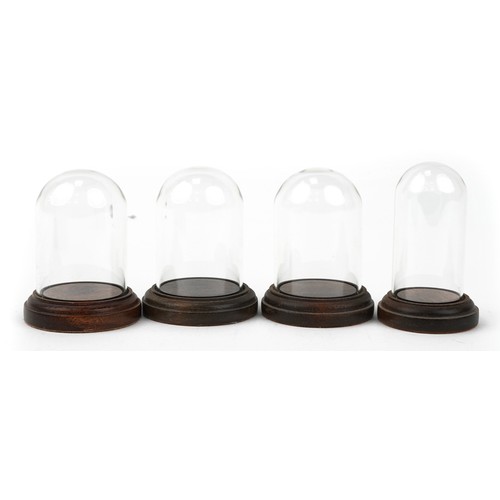761 - Four display glass domes with turned hardwood stands, the largest 11.5cm high