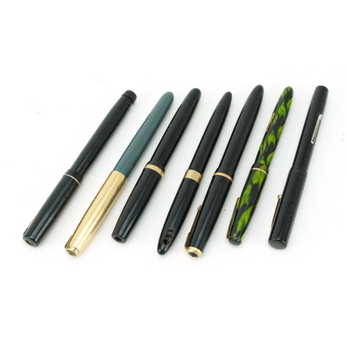 246 - Seven vintage fountain pens, five with gold nibs including green marbleised Summitt, Parker, Swan Le... 