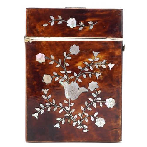 388 - Victorian tortoiseshell card case with mother of pearl foliate inlay, 10.5cm x 7.5cm