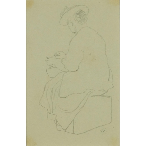 3116 - Charles Clixby Watson - Full length portrait of a seated female wearing a hat, pencil, mounted, fram... 