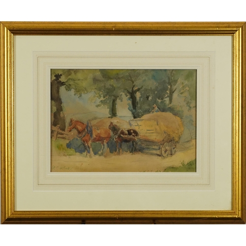 3160 - Frederick Charles Winby - Workhorses haymaking, watercolour and mixed media, inscribed verso, mounte... 