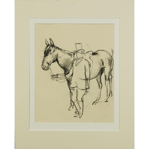 3168 - Manner of William Dennis Dring - Gentleman wearing a top hat beside a horse, charcoal on paper, moun... 