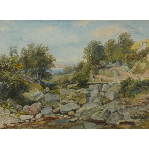 3048 - Figure crossing a bridge before a Highland landscape, 19th century watercolour, mounted, framed and ... 