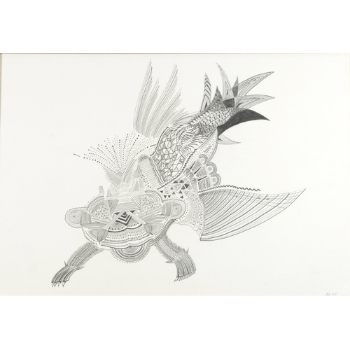 3265 - Abstract composition, surreal animal, pencil on paper, indistinctly signed and dated 2015, framed an... 