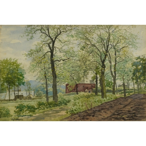 3040 - Walter Hutcheson - Rural landscape with tree lined path before buildings, late 19th/early 20th centu... 