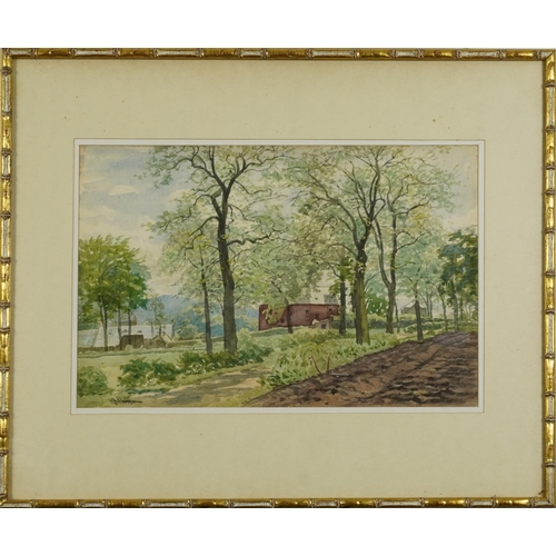 3040 - Walter Hutcheson - Rural landscape with tree lined path before buildings, late 19th/early 20th centu... 