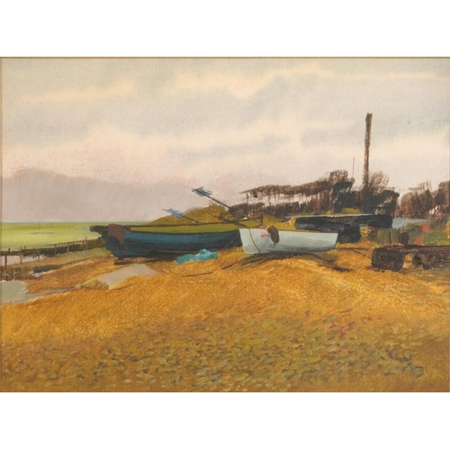 3028 - A Colbert - Beached Fishing Boats at Evening, Worthing, mixed media, inscribed verso, mounted, frame... 