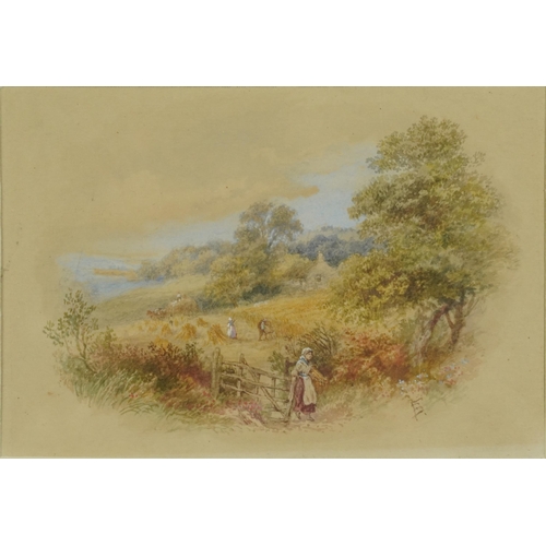 3140 - Attributed to Myles Birket Foster - Rural landscape with figures haymaking, 19th century heightened ... 