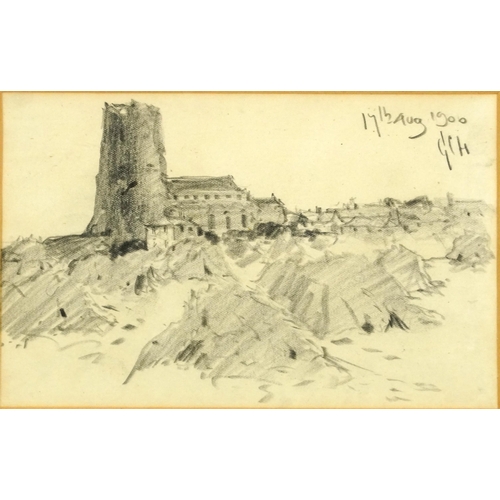 3092 - George Charles Haite 1900 - Street scene and town, pair of pencil/charcoal drawings, each signed wit... 